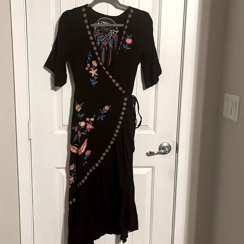 Good Vibes embroidered boho maxi dress with ruffle hem